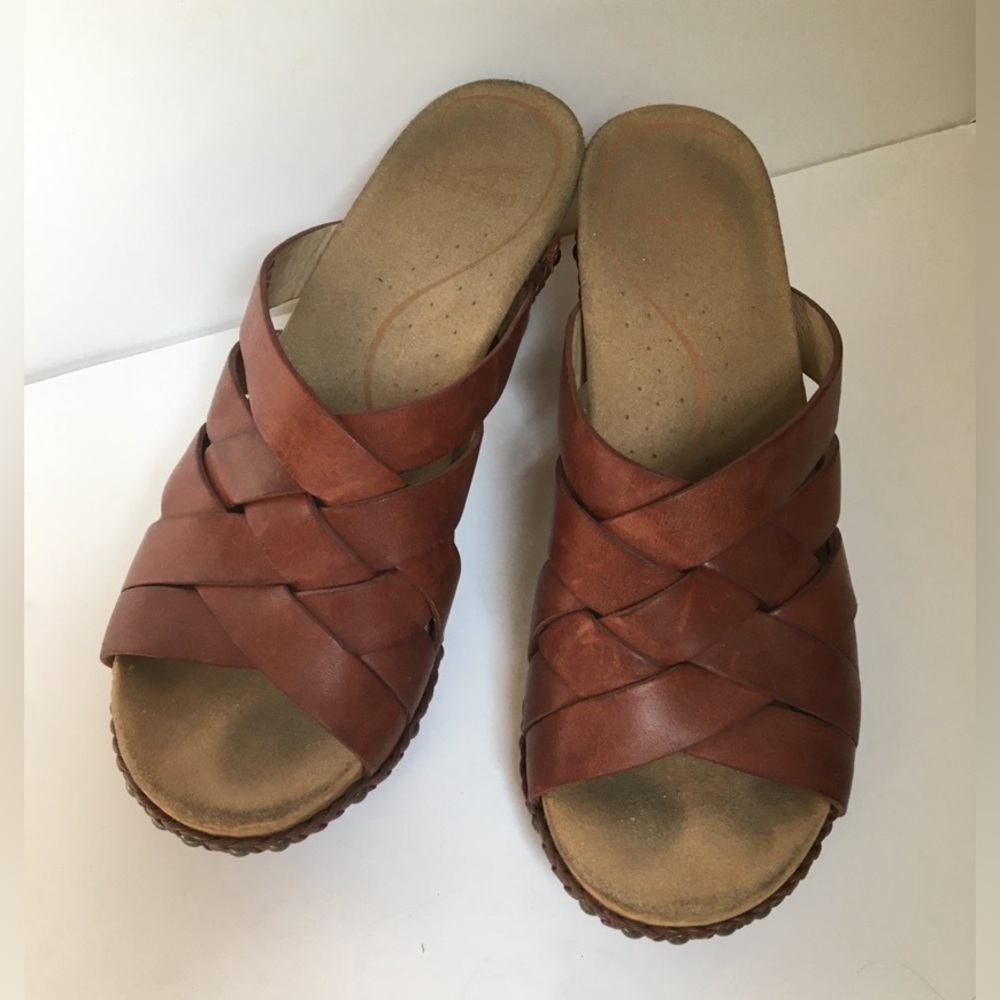 Dansko Cut-out Wedge Braided Leather Slide Sandals, “Tory,” Red-Brown, Size 38